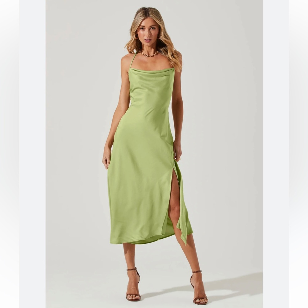 Astr Green Satin Cowl Neck Midi Dress with Side Slit
